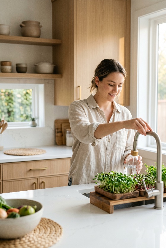 smiling, young, woman, filling, reusable, glass, bottle, from, kitchen, faucet, bright, modern, with, fresh, microgreens, water, healthy, lifestyle, sustainable, eco-friendly, sink, interior, home, wellness, nutrition, green, plants, gardening, indoor, garden, happy, morning, natural, light, minimalist, wooden, cabinets, countertop, hydration, drinking, zero, waste, environment, organic, sprouts, cooking, domestic, daily, life, casual, linen, shirt, sustainability, people
