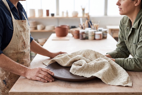 two, artisans, standing, wooden, table, pottery, studio, disc, close-up, view, ceramic, artists, opposite, each, other, across, large, worktable, bright, they, are, examining, handmade, dark, plate, that, partially, covered, with, rustic, linen, cloth, the, background, features, shelves, filled, finished, clay, pots, jars, glaze, and, artist, supplies, artisan, craft, workshop, craftsman, platter, small, business, dish, ceramics, creative, ceramicist, workspace, maker, craftsperson, collaboration, discussion, handcraft, apron, making, creativity, process, stoneware, interior, earthenware, artistic, terracotta, traditional, lifestyle, creation, skill, occupation, hobby, professional, equipment, tools, detail, arts, culture