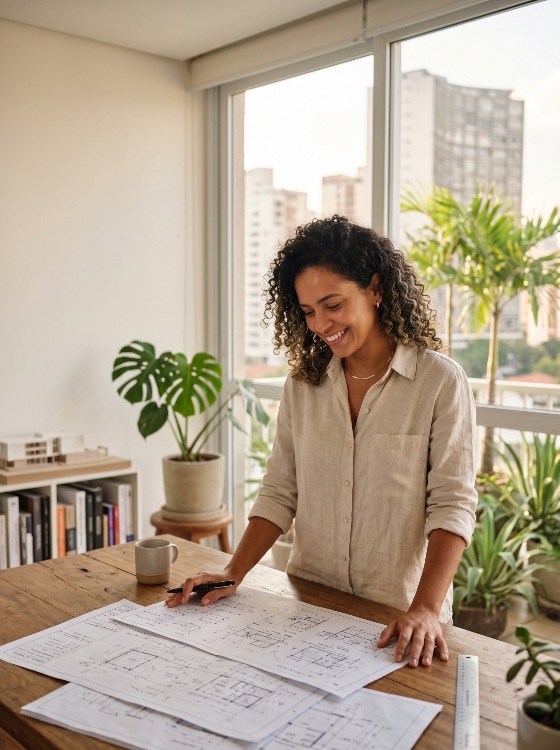 smiling, female, architect, working, blueprints, her, bright, home, office, with, city, view, woman, from, design, planning, professional, interior, construction, engineer, floor, plan, urban, apartment, curly, hair, creative, business, modern, lifestyle, architecture, project, desk, workspace, monstera, sunlight, career, success, interiors
