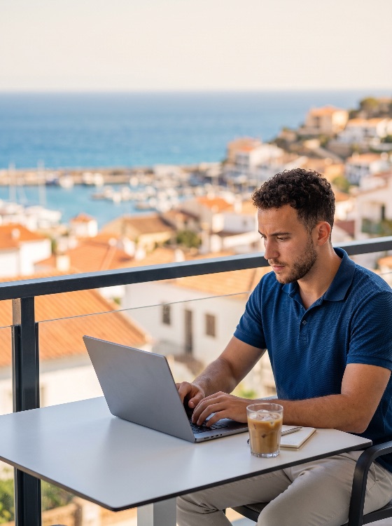 young, man, working, remotely, laptop, from, sunny, balcony, over, blue, polo, shirt, types, outdoor, table, with, iced, coffee, and, notebook, the, background, features, blurred, mediterranean, village, harbor, digital, nomad, remote, work, sea, view, coastal, town, freelancer, vacation, travel, office, technology, internet, business, lifestyle, pen, curly, hair, beard, adult, ocean, summer, relaxation, productivity, entrepreneur, startup, online, computer, terrace, holiday, greece, italy, spain, europe, tourism, leisure, professional, workspace, communication, connectivity, success, freedom, finance