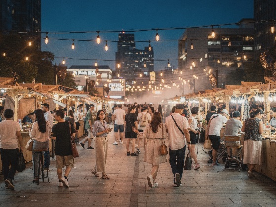 people, walking, through, vibrant, outdoor, night, market, with, woode, busy, crowds, between, wooden, stalls, warm, string, lights, illuminate, the, walkway, modern, city, buildings, are, visible, background, under, dark, blue, twilight, sky, street, crowd, evening, dusk, lighting, urban, lifestyle, tourism, travel, food, bazaar, festival, atmosphere, glowing, asian, metropolis, shopping, leisure, weekend, summer, life, gathering, community, public, space, pedestrian, commerce, retail, destination, cityscape, blurred, bokeh, lively, culture, local, fair, downtown, places