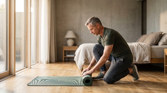 mature, man, preparing, for, morning, exercise, rolling, out, green, yoga, mat, wooden, floor, modern, bedroom, home, fitness, healthy, lifestyle, wellness, workout, middle-aged, unrolling, stretching, pilates, active, health, training, domestic, interior, light, routine, male, adult, wellbeing, preparation, sports, leisure, relaxation, mindfulness, peaceful, apartment, house, casual, sportswear