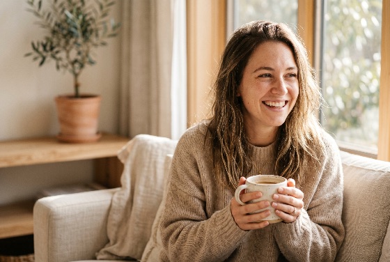 happy, young, woman, sitting, sofa, and, laughing, while, holding, cup, coffee, cozy, living, room, smiling, mug, home, lifestyle, relaxation, sweater, indoor, morning, comfort, beautiful, natural, light, leisure, couch, beverage, hygge, cheerful, portrait, domestic, wellness, interiors