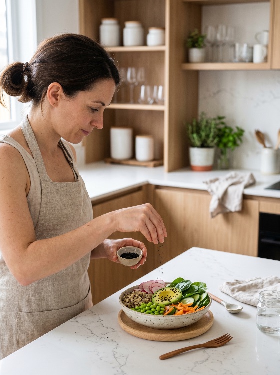 woman, linen, apron, sprinkling, black, sesame, seeds, onto, healthy, vegetable, buddha, bowl, modern, kitchen, cooking, salad, nutrition, wellness, lifestyle, avocado, quinoa, edamame, home, fresh, organic, vegetarian, vegan, food, preparation, eating, diet, lunch, dinner, marble, wooden, interior, culinary, homemade, nutritious, balanced, clean, aesthetic, drink