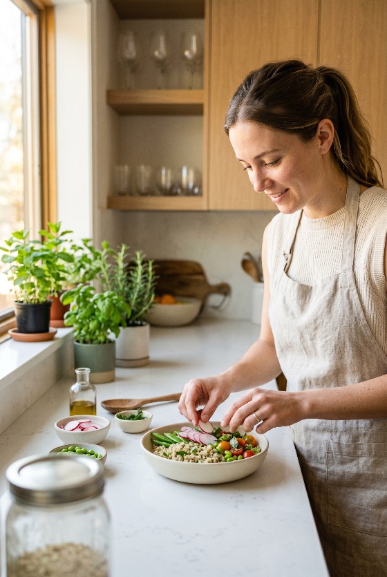 smiling, young, woman, preparing, healthy, quinoa, salad, bowl, with, fresh, vegetables, bright, kitchen, eating, cooking, organic, lifestyle, wellness, home, preparation, radish, vegetarian, vegan, meal, nutrition, apron, modern, herbs, basil, rosemary, ingredients, food, person, female, adult, domestic, indoor, culinary, diet, clean, plant-based, wholesome, natural, light, people
