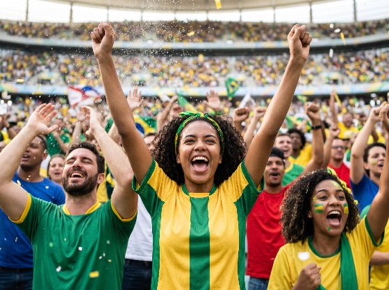 enthusiastic, brazilian, soccer, fans, celebrating, victory, crowded, stadium, with, arms, raised, football, brazil, celebration, cheering, sports, crowd, woman, young, group, people, spectators, happy, excited, joy, passion, energetic, screaming, shouting, arena, match, game, tournament, world, cup, championship, yellow, jersey, green, confetti, face, paint, multi-ethnic, support, winning, goal, event, fan, team, atmosphere, emotion, festive, unity, competition, lifestyle, leisure
