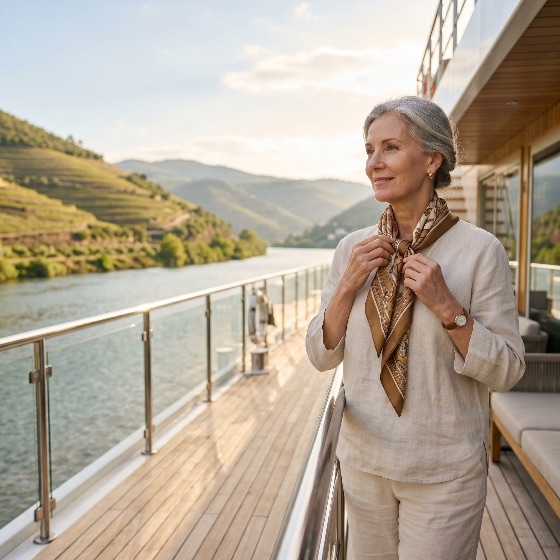 elegant, senior, woman, enjoying, scenic, river, cruise, vineyard, valley, sunset, luxury, travel, retirement, landscape, lifestyle, vacation, boat, deck, tourism, mature, relaxation, grey, hair, linen, clothing, silk, scarf, traveling, wealthy, sophisticated, leisure, outdoor, golden, hour, peaceful, holiday, europe, douro, riverboat, active, serene, well-being, adventure, sightseeing, portrait, high-end, summer, nature, landscapes