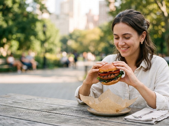 happy, young, woman, enjoying, delicious, burger, outdoor, park, table, eating, lunch, smiling, food, hamburger, meal, lifestyle, city, urban, summer, sunny, dining, casual, person, hungry, fresh, gourmet, fast, picnic, wooden, female, portrait, joy, leisure, break, snack, nutrition, appetizer, beef, bread, lettuce, tomato, grilled, takeaway, street, life, drink