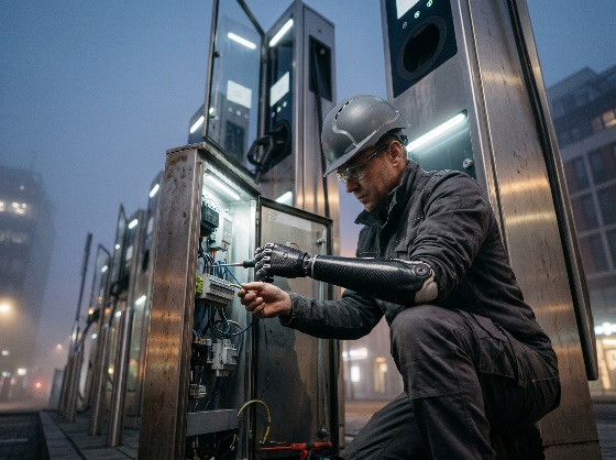 male, technician, with, prosthetic, arm, repairing, electric, vehicle, charging, station, urban, setting, bionic, limb, maintenance, repair, engineer, inclusion, disability, workplace, technology, green, energy, sustainability, hard, hat, safety, gear, electrical, panel, infrastructure, innovation, future, diversity, skilled, labor, renewable, clean, transportation, point, accessibility, equal, opportunity, industry, engineering, electronics, high-tech, industrial, construction
