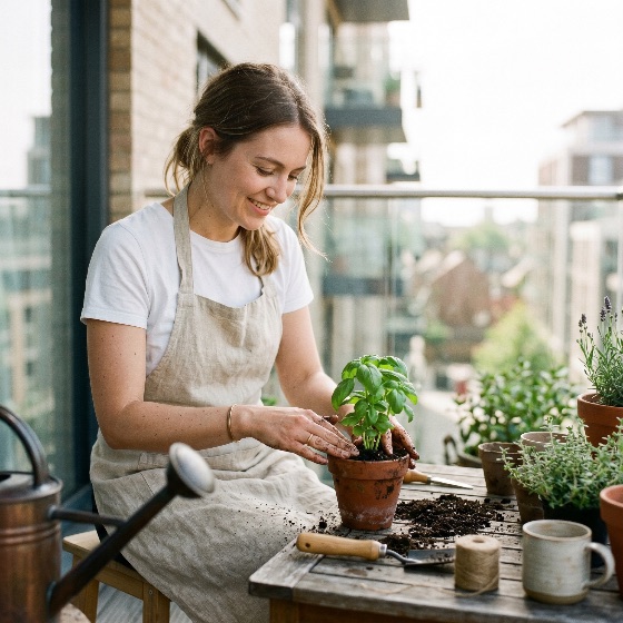 young, woman, smiling, while, potting, basil, plant, terracotta, pot, city, balcony, garden, gardening, urban, planting, herb, hobby, lifestyle, apartment, sustainability, nature, home, green, soil, tools, happy, outdoor, spring, summer, leisure, wellness, mindful, eco-friendly, organic, growth, cultivation, domestic, living, life, adult, female, apron, trowel, watering, can, herbs, fresh, healthy, environment, hobbyist, people