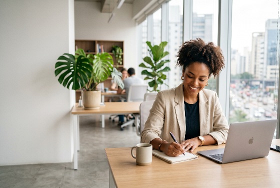 smiling, black, businesswoman, writing, notebook, modern, office, desk, with, laptop, and, city, view, professional, woman, african, american, career, success, productivity, corporate, entrepreneur, coworking, urban, workspace, coffee, plants, monstera, indoor, business, female, employee, manager, planning, notes, education, student, remote, work, freelance, lifestyle, happy, positive, people, adult, one, person, indoors, bright, daylight, window, finance