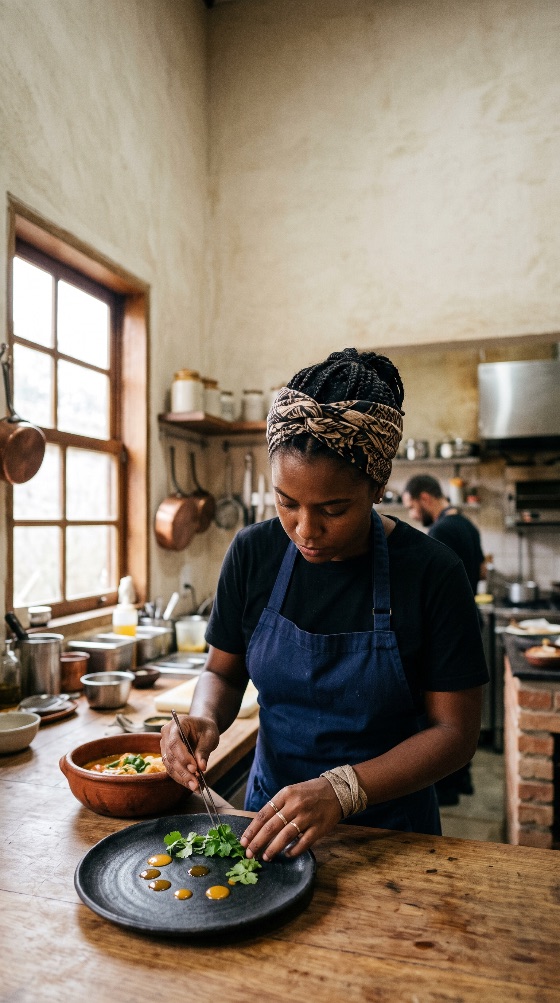 professional, female, black, chef, carefully, plating, gourmet, dish, focused, young, wearing, blue, apron, and, patterned, headwrap, meticulously, decorates, ceramic, plate, with, fresh, cilantro, leaves, using, culinary, tweezers, the, scene, takes, place, warm, rustic, restaurant, kitchen, natural, light, coming, from, large, window, wooden, tables, hanging, cookware, male, colleague, visible, working, background, cooking, woman, african, american, food, preparation, fine, dining, garnish, herbs, coriander, decoration, precision, focus, concentration, artisan, authentic, cook, dishware, recipe, meal, cuisine, kitchenware, indoor, workspace, workplace, teamwork, headband, sauce, detail, skill, expertise, job, drink