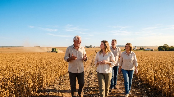 happy, multi-generational, family, farmers, walking, through, mature, soybean, field, during, harvest, season, with, combine, harvester, the, background, agriculture, farm, rural, countryside, agribusiness, talking, senior, adult, happiness, success, nature, golden, hour, sunset, sunlight, crop, plantation, land, industry, production, food, sustainability, teamwork, cooperation, outdoors, summer, autumn, blue, sky, horizon, landscape, farming, life, agricultural, machinery, landscapes