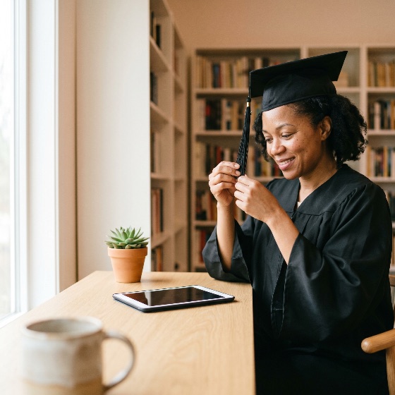 proud, african, american, woman, graduation, gown, adjusting, tassel, home, desk, graduate, black, cap, mortarboard, achievement, success, education, university, college, student, library, bookshelf, office, tablet, virtual, remote, learning, celebration, happy, smiling, indoor, academic, degree, accomplishment, excellence, lifestyle, study, books, female, adult, portrait, career, future, goal, diploma, succulent, coffee, mug