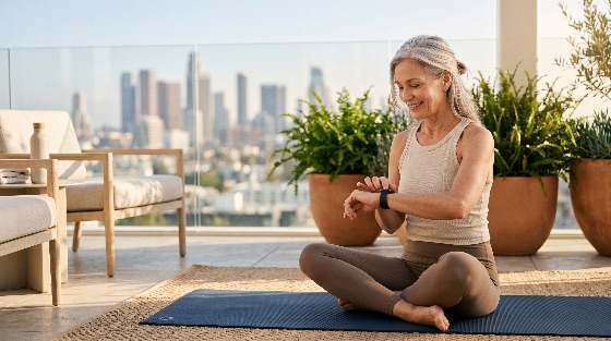 active, senior, woman, sitting, yoga, mat, and, checking, her, fitness, tracker, sunny, rooftop, terrace, with, city, skyline, background, smartwatch, health, wellness, lifestyle, exercise, mature, technology, balcony, morning, workout, meditation, sport, urban, grey, hair, smiling, outdoors, vitality, longevity, athlete, training, wearable, digital, retirement, leisure, peaceful, view, sportswear, well-being, sports