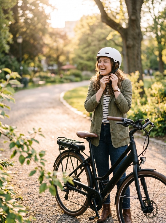 cheerful, woman, adjusting, her, white, safety, helmet, while, standing, with, electric, bicycle, park, path, during, golden, hour, bike, e-bike, cycling, smiling, happy, sunset, commuting, sustainable, transportation, green, living, lifestyle, outdoor, active, protection, nature, summer, spring, casual, fashion, urban, eco-friendly, mobility, leisure, recreation, healthy, people