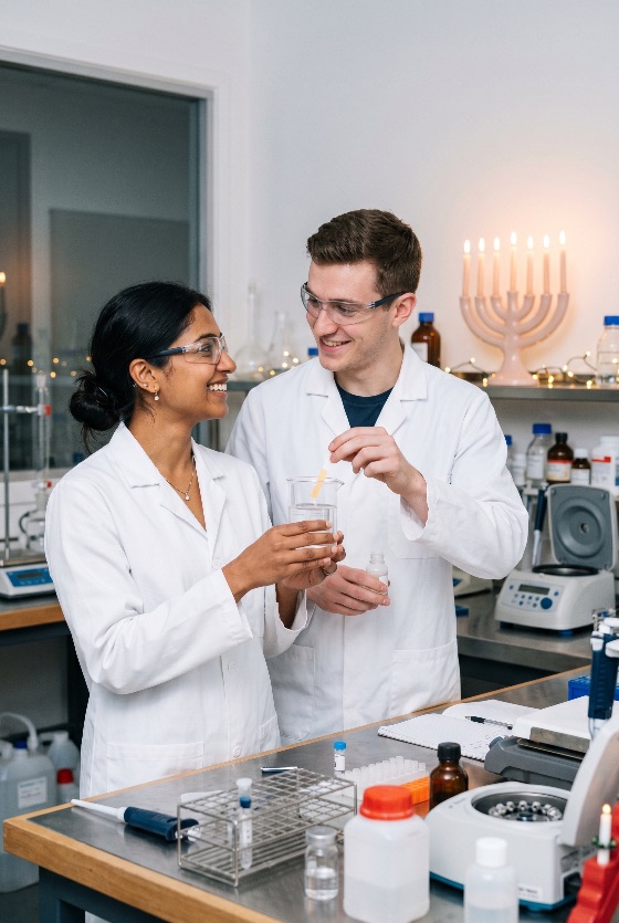 two, diverse, scientists, working, laboratory, with, hanukkah, menorah, the, background, research, teamwork, diversity, science, chemistry, experiment, lab, coat, safety, goggles, strip, beaker, multi-ethnic, colleagues, professional, education, holiday, celebration, medical, biotechnology, healthcare, smiling, collaboration, young, adults, technology, equipment, centrifuge, test, tube, liquid, testing, analysis, discovery, innovation, workplace, religion, tradition, jewish, festival, lights, december, winter, indoors, lifestyle