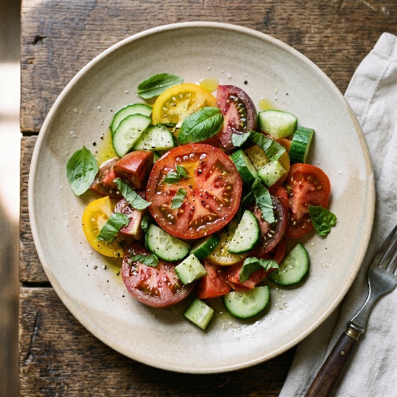 top, view, fresh, heirloom, tomato, and, cucumber, salad, with, basil, leaves, olive, oil, dressing, ceramic, plate, over, rustic, wooden, table, healthy, vegetables, vegetarian, vegan, organic, appetizer, food, flat, lay, summer, raw, nutrition, diet, culinary, gourmet, seasoning, pepper, sliced, delicious, meal, lunch, dinner, mediterranean, farm, garden, seasonal, ingredients, cooking, eating, plant-based, drink