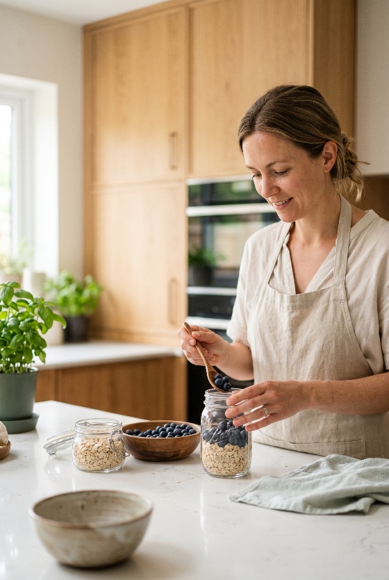 smiling, woman, preparing, healthy, overnight, oats, with, fresh, blueberries, modern, kitchen, breakfast, preparation, meal, prep, lifestyle, apron, cooking, nutrition, organic, fruit, jar, mason, domestic, home, wellness, morning, food, vegetarian, vegan, snack, berries, wooden, spoon, bright, interior, person, adult, female, happy, clean, eating, diet, ingredients, countertop, marble, basil, plant, people