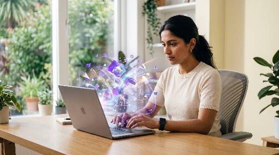 young, professional, woman, working, laptop, with, futuristic, types, wooden, desk, bright, home, office, glowing, hologram, geometric, shapes, and, light, trails, floats, above, the, device, representing, digital, innovation, technology, data, virtual, reality, augmented, artificial, intelligence, creative, geometry, future, internet, software, developer, designer, indian, asian, remote, work, business, communication, connection, cyberspace, electronic, high-tech, information, modern, network, online, science, screen, smart, tech, visualization, workspace, computer, abstract, entrepreneur, research