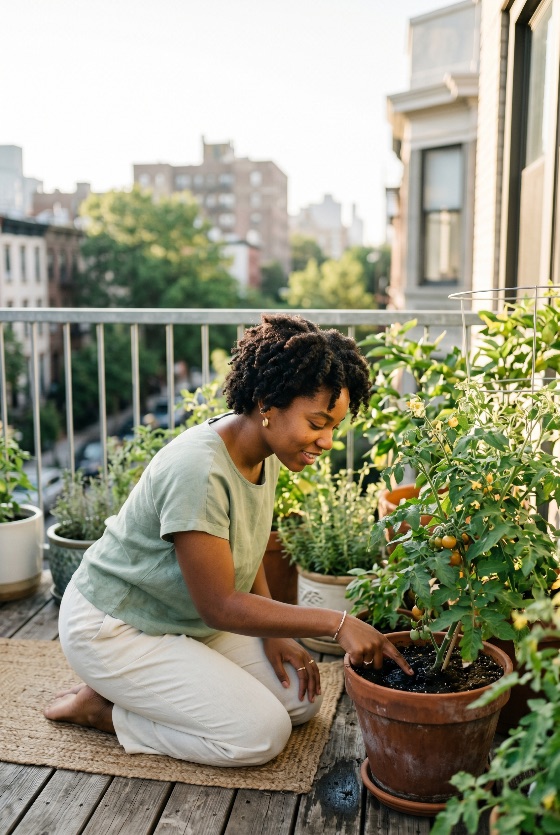 smiling, young, black, woman, gardening, city, balcony, caring, for, tomato, plants, terracotta, pots, during, golden, hour, urban, african, american, apartment, hobby, lifestyle, home, nature, green, sustainable, organic, pot, container, happy, outdoor, summer, spring, life, terrace, vegetable, garden, homegrown, wellness, relaxation, leisure, sustainability, environment, growth, living, adult, female, natural, hair, curly, people