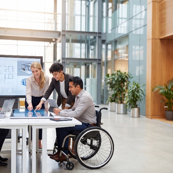 diverse, team, professional, architects, and, engineers, including, man, wheelchair, collaborating, building, project, using, large, touchscreen, table, modern, bright, office, environment, disability, diversity, inclusion, architect, engineer, collaboration, teamwork, technology, blueprints, business, meeting, accessibility, planning, design, architecture, construction, digital, interactive, people, colleagues, workplace, cooperation, innovation, corporate, interior, glass, plants, tablet, laptop, communication, strategy, development, creative, multi-ethnic, group, adult, male, female, disabled, mobility, handicap, inclusive, finance