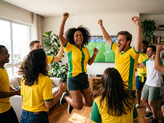 group, diverse, friends, celebrating, goal, while, watching, soccer, match, home, football, fans, celebration, victory, jumping, cheering, excitement, happiness, living, room, television, sport, game, brazilian, yellow, jersey, green, supporters, emotion, joy, together, friendship, multi-ethnic, lifestyle, young, adults, indoor, leisure, entertainment, winning, shouting, arms, raised, energy, passion, fanatical, world, cup, championship, tournament, people
