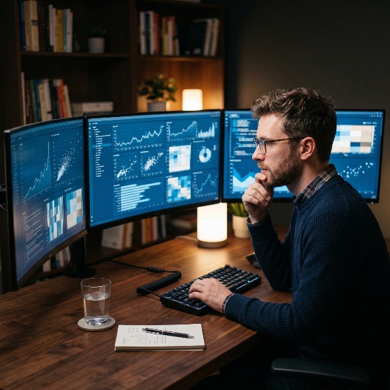 focused, male, data, analyst, studying, complex, financial, charts, and, big, multiple, monitors, home, office, setting, analysis, graphs, screens, professional, business, technology, software, developer, trader, stock, market, statistics, visualization, thinking, man, glasses, beard, workplace, desk, computer, digital, information, research, entrepreneur, remote, work, productivity, dashboard, analytics, finance, investment, coding, programming, late, night, study, education, workstation, corporate, modern, internet, database, management, strategy