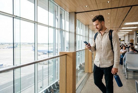 young, male, traveler, with, backpack, and, water, bottle, checking, his, smartphone, the, airport, terminal, man, travel, waiting, flight, departure, mobile, phone, technology, vacation, business, tourist, passenger, transportation, window, airplane, runway, modern, lifestyle, reusable, casual, adult, caucasian, journey, boarding, communication, digital, nomad, internet, connection, tourism, lounge, indoors, daylight, glass, architecture, wooden, ceiling