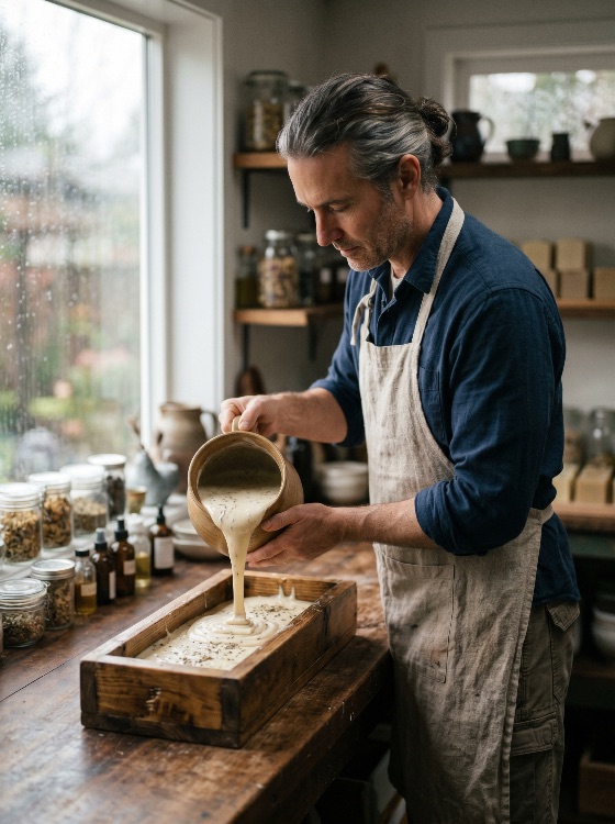 artisan, craftsman, pouring, handmade, natural, soap, mixture, into, wooden, mold, rustic, workshop, making, organic, skincare, hobby, small, business, entrepreneur, craft, diy, traditional, ingredients, herbs, oils, man, middle-aged, apron, creative, process, manufacturing, studio, home-based, wellness, beauty, eco-friendly, sustainable, liquid, ceramic, pitcher, professional, focus, concentration, lifestyle, indoor, daylight, window, arts, culture