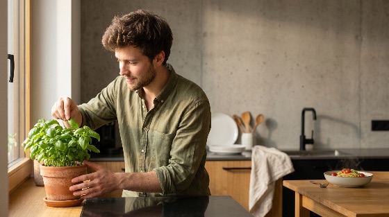 young, man, picking, fresh, basil, leaves, from, potted, plant, sunny, kitchen, windowsill, cooking, herb, home, healthy, lifestyle, gardening, indoor, harvest, organic, food, meal, pasta, modern, interior, green, terracotta, pot, seasoning, ingredient, culinary, hobby, sustainable, urban, apartment, morning, light, adult, male, person, preparation, garnish, aromatic, leaf, nature, wellness, domestic, drink