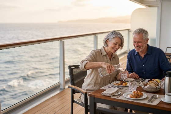 happy, senior, couple, enjoying, luxury, breakfast, private, cruise, ship, balcony, overlooking, the, ocean, sunrise, sea, travel, vacation, retired, retirement, man, woman, smiling, lifestyle, morning, view, deck, terrace, holiday, tourism, pouring, water, glass, pastries, fruit, meal, dining, together, relaxation, voyage, maritime, leisure, nautical, destination, elderly, husband, wife, love, peaceful, liner, people