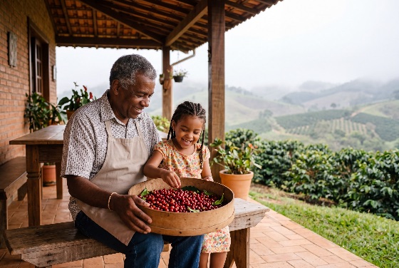 happy, grandfather, and, granddaughter, sorting, ripe, red, coffee, cherries, plantation, porch, harvest, family, farmer, agriculture, rural, berries, farm, senior, child, girl, man, happiness, smiling, bonding, education, tradition, nature, mountains, landscape, outdoor, rustic, black, african, american, lifestyle, sustainability, organic, crop, beans, season, togetherness, generation, learning, countryside, brazil, tropical, worker, labor, food, production, people