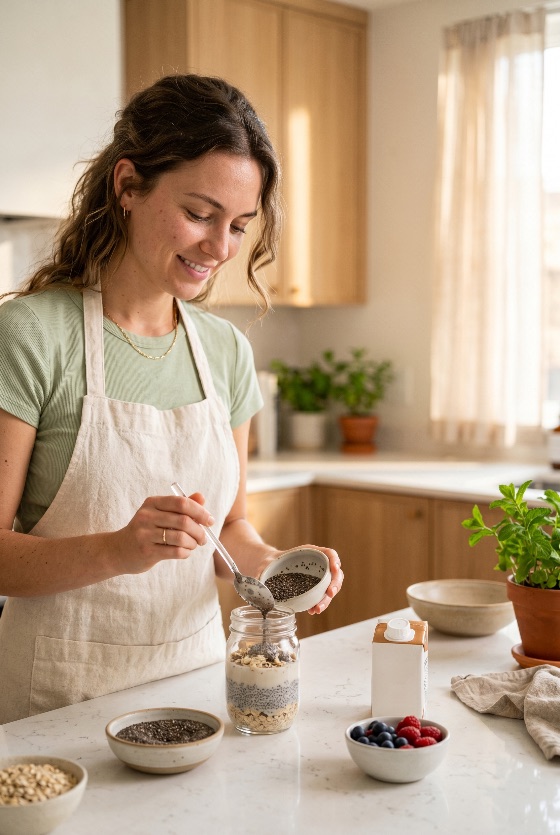 smiling, young, woman, preparing, healthy, overnight, oats, with, chia, seeds, bright, modern, kitchen, breakfast, pudding, jar, food, preparation, cooking, lifestyle, wellness, nutrition, apron, caucasian, home, morning, meal, prep, superfood, berries, blueberries, raspberries, vegan, vegetarian, organic, fresh, natural, light, countertop, domestic, interior, eating, diet, homemade, glass, routine, wellbeing, people