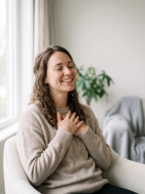 peaceful, young, woman, sitting, chair, with, hands, her, heart, and, eyes, closed, expressing, gratitude, mindfulness, happy, meditation, serenity, self-care, home, smiling, calm, wellness, emotion, relief, love, appreciation, lifestyle, portrait, adult, curly, hair, sweater, comfort, relaxation, mental, health, spiritual, chest, bright, natural, light, minimalist, wellbeing, people