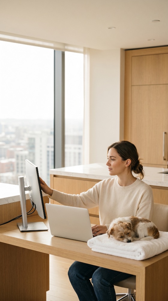 young, woman, working, from, home, office, with, her, small, dog, sleeping, the, desk, remote, work, laptop, computer, monitor, pet, apartment, lifestyle, professional, productivity, city, view, interior, modern, freelancer, telecommuting, companion, animal, domestic, cozy, morning, daylight, business, technology, career, balance, wellness, comfort, finance