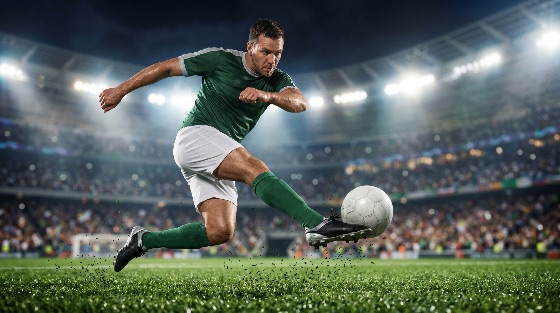 professional, soccer, player, kicking, ball, crowded, stadium, night, football, athlete, match, game, competition, action, sport, green, jersey, grass, field, floodlights, arena, crowd, goal, striker, power, movement, dynamic, athletic, championship, tournament, league, team, uniform, cleats, sportsmanship, energy, performance, outdoor, evening, light, bokeh, spectator, fan, winning, score, kick, strike, sports, fitness