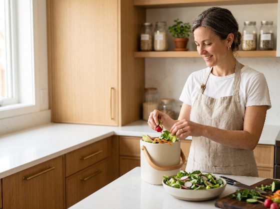 smiling, woman, putting, vegetable, scraps, into, countertop, compost, bin, modern, kitchen, practicing, sustainable, living, composting, eco-friendly, food, waste, recycling, zero, organic, healthy, lifestyle, green, environment, sustainability, middle-aged, apron, eating, salad, preparation, home, management, conscious, consumerism, domestic, interior, happy, grey, hair, radish, lettuce, natural, earth, friendly, eco-conscious, indoor, people
