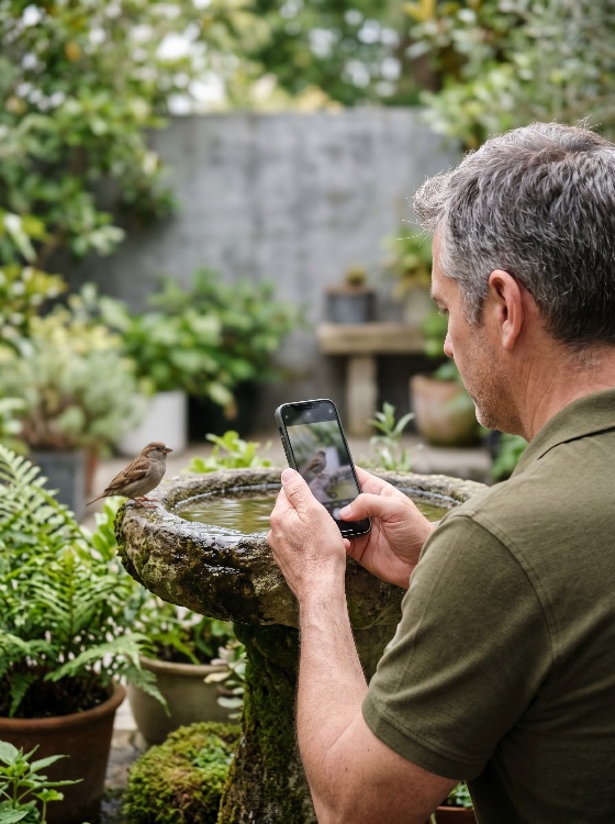 man, taking, photo, sparrow, stone, birdbath, with, his, smartphone, lush, garden, bird, photography, nature, hobby, backyard, wildlife, water, green, plants, outdoor, mobile, phone, camera, capturing, observation, peaceful, summer, spring, leisure, activity, technology, digital, birdwatching, fauna, avian, small, life, home, lifestyle, landscapes