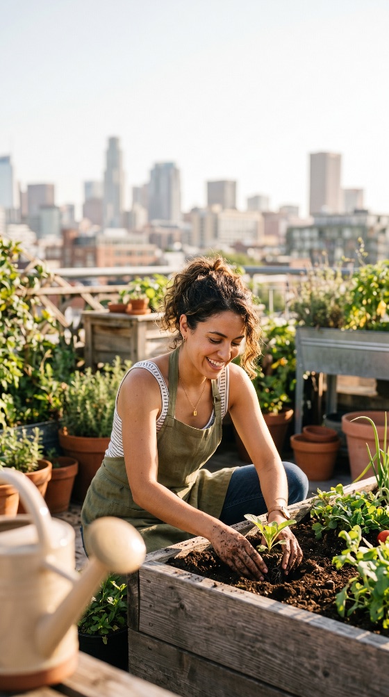 happy, young, woman, planting, vegetables, rooftop, garden, with, city, skyline, the, background, gardening, urban, sustainable, lifestyle, hobby, nature, green, seedling, soil, agriculture, environment, wellness, happiness, organic, apartment, outdoors, summer, sunny, growth, eco-friendly, life, home, cultivation, plants, apron, farming, sustainability, healthy, spring, leisure, horticulture, earth, metropolis, community, landscapes