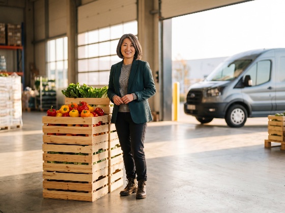 portrait, confident, asian, female, entrepreneur, standing, next, wooden, crates, filled, with, fresh, vegetables, bright, logistics, warehouse, delivery, van, the, background, woman, produce, business, distribution, food, industry, supply, chain, professional, smiling, wholesale, agriculture, organic, owner, manager, workplace, bell, peppers, leafy, greens, healthy, commerce, trade, storage, industrial, supervisor, leader, middle-aged, small, export, import, shipping, transportation, construction