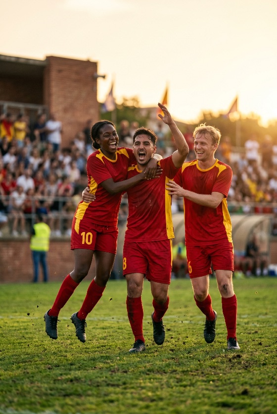 group, diverse, soccer, players, red, uniforms, celebrating, victory, the, field, sunset, with, cheering, crowd, background, football, celebration, team, sport, goal, winning, stadium, golden, hour, joy, happiness, teammate, match, game, athlete, competition, shouting, pitch, grass, uniform, yellow, woman, man, multi-ethnic, excitement, triumph, success, emotion, outdoor, action, achievement, teamwork, friendship, score, people, lifestyle