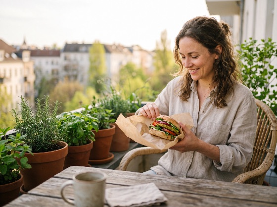 happy, woman, enjoying, healthy, burger, sunny, balcony, with, potted, herbs, eating, lifestyle, urban, gardening, plants, rosemary, basil, smiling, lunch, sandwich, vegetarian, vegan, city, view, outdoors, summer, relaxation, home, apartment, terrace, food, meal, organic, fresh, leisure, morning, breakfast, coffee, mug, table, wooden, linen, casual, portrait, wellness, sustainability, green, nature, life, living, drink