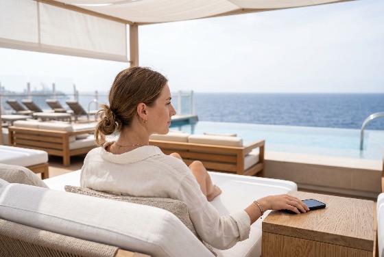 young, woman, relaxing, luxury, terrace, with, infinity, pool, overlooking, the, ocean, resort, vacation, travel, lifestyle, relaxation, sea, summer, lounge, chair, rooftop, peaceful, view, holiday, leisure, poolside, horizon, outdoor, sunny, wellness, getaway, elegant, calm, tourism, hospitality, sunbed, coastal, blue, water, high-end, linen, shirt, smartphone, profile, back, serene, nature, landscapes