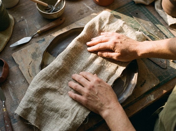 potter, hands, pressing, textured, linen, cloth, onto, hand-crafted, high-angle, close-up, shot, showing, carefully, smoothing, and, piece, natural, coarse, over, freshly, shaped, ceramic, plate, wooden, workbench, around, the, working, area, lie, various, clay, sculpting, tools, palette, knives, small, bowls, cutting, mat, capturing, authentic, atmosphere, artisan, craft, studio, with, warm, ambient, sunlight, pottery, craftsman, workshop, handmade, texture, dish, making, creation, process, detail, work, hobby, artist, creative, manual, skill, traditional, ceramicist, fabric, rustic, design, indoor, knife, handcraft, imprinting, clayworking, craftsmanship, ceramics, artistic, smooth, arts, culture