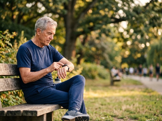active, senior, man, checking, his, smartwatch, while, sitting, park, bench, during, workout, fitness, tracker, healthy, lifestyle, exercise, retirement, elderly, health, technology, wearable, outdoor, nature, wellness, sport, athlete, monitoring, heart, rate, tracking, activity, male, mature, gray, hair, resting, leisure, digital, longevity, physical, wellbeing, sunlight, greenery, people