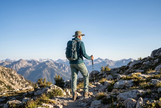 active, senior, man, with, backpack, and, trekking, poles, standing, rocky, mountain, trail, looking, scenic, vista, under, clear, blue, sky, hiker, hiking, nature, adventure, landscape, view, summit, outdoor, travel, fitness, lifestyle, peaks, rocks, gear, equipment, exploration, journey, solitude, freedom, retirement, healthy, exercise, wilderness, high, altitude, alpine, summer, sunny, back, male, person, leisure, hobby, landscapes