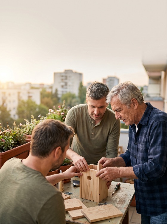 three, generations, men, building, wooden, birdhouse, together, balcony, sunset, woodworking, family, grandfather, father, son, terrace, diy, hobby, craft, collaboration, teamwork, golden, hour, city, urban, outdoors, togetherness, bonding, senior, adult, young, wood, project, handmade, leisure, lifestyle, home, improvement, mentorship, teaching, learning, skill, tools, assembly, apartment, life, people