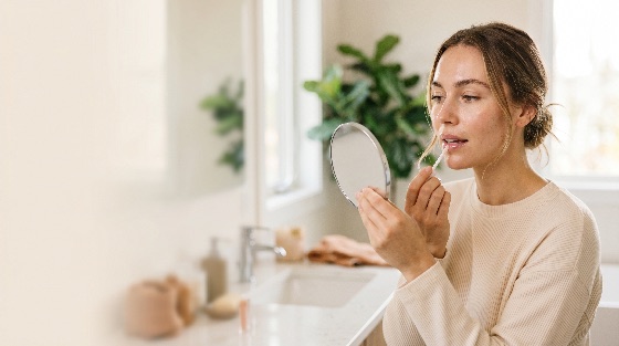 beautiful, young, woman, applying, lip, gloss, while, looking, into, hand, mirror, bright, bathroom, beauty, makeup, skincare, lifestyle, morning, routine, self-care, cosmetics, attractive, natural, light, wellness, grooming, face, lips, reflection, healthy, skin, beige, sweater, indoor, home, everyday, life, feminine, aesthetic, care, portrait, fashion
