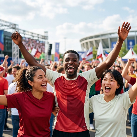 excited, multiethnic, group, friends, cheering, with, arms, raised, fan, zone, during, major, sports, event, celebration, outside, stadium, fans, diverse, soccer, football, excitement, joy, crowd, outdoor, winning, victory, team, support, happiness, shouting, young, adults, summer, game, match, tournament, championship, community, togetherness, emotion, energy, lifestyle, people, man, woman, asian, black, hispanic, jerseys